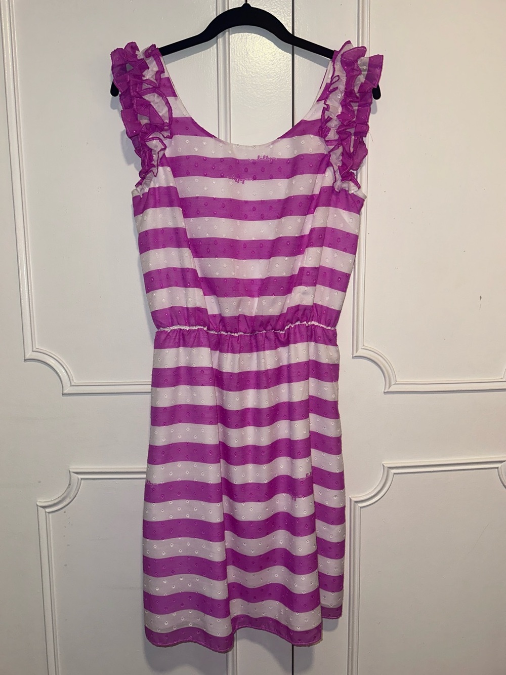 Lilly Pulitzer (L) Pink and White Striped Ruffle-Sleeve Women’s Dress